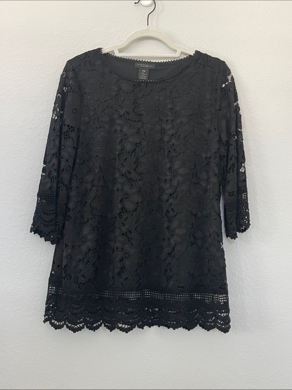 Investments Petites PM Black Floral Lace‎ Crochet 3/4 Sleeve Lined Blouse Top